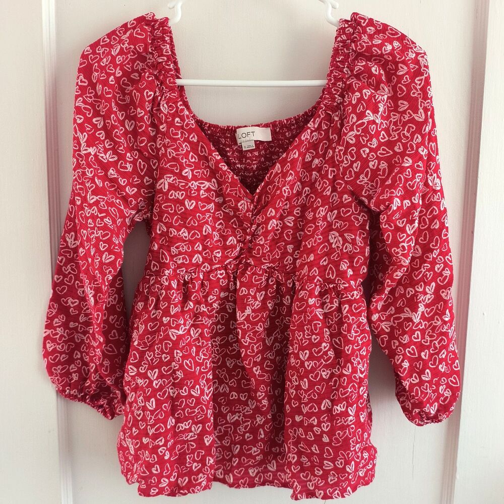 Loft Babydoll Crop Top 0 Red Hearts Sweetheart Neckline Smocked Lined Valentine